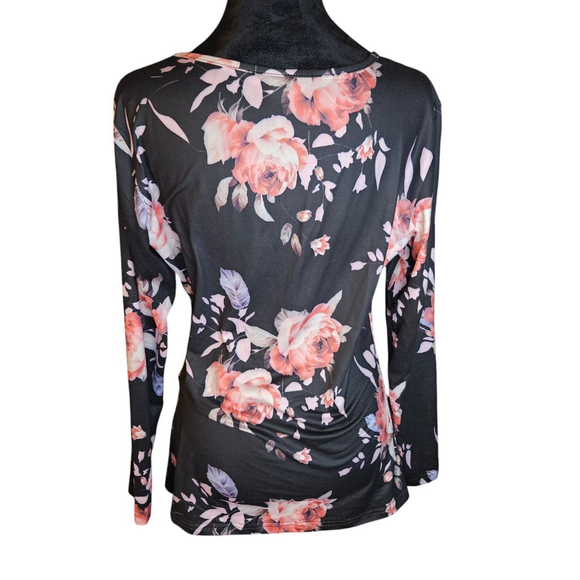 Beauhuty Medium Black Pink Floral Deep V-Neck Slim Fitted Long Sleeve Shirt - Picture 3 of 7
